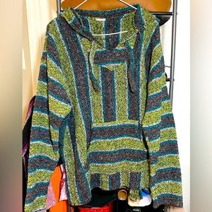 Mexican Baja Hoodie Pullover Sweater- green, blue, & black stripe.